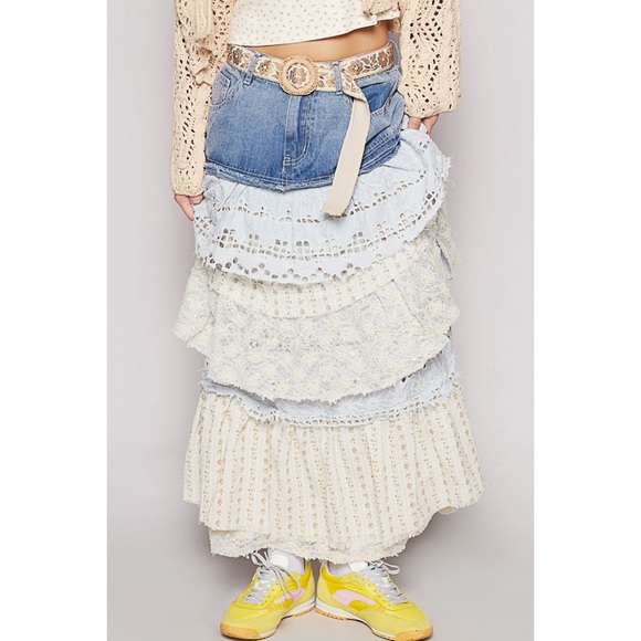 POL Cream and Blue Ruffle Layered Maxi Skirt - Picture 3 of 9